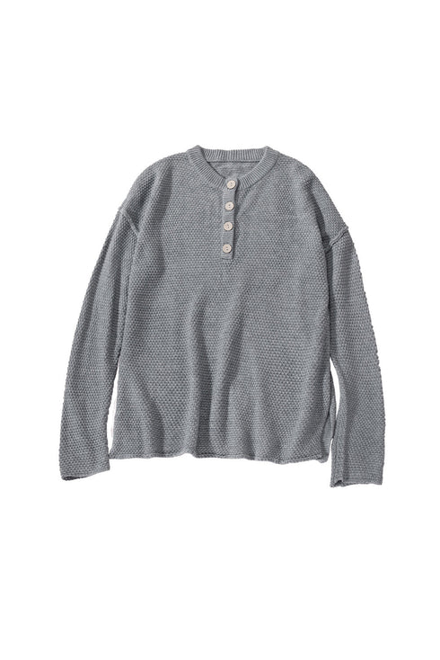 Henley Button Placket Side Slit Drop Shoulder Pullover Knit Sweater